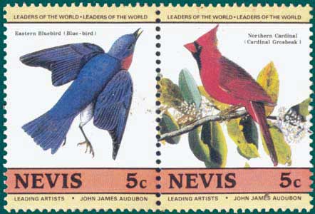 Nevis (1985) SG # 269 & 270, Sc # 409 & 410, Eastern Bluebird (Sialia sialis) & Northern Cardinal (Cardinalis cardinalis)