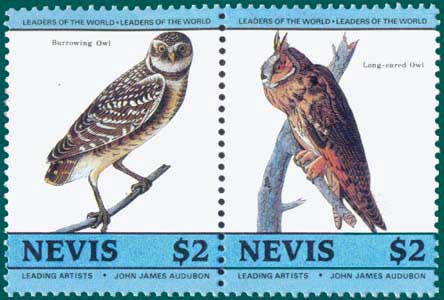 Nevis (1985) SG # 275 & 276, Sc # 419 & 420, Burrowing Owl (Athene cunicularia) & Long-eared Owl (Asio Otus)