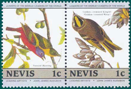 Nevis (1985) SG # 285 & 286, Sc # 407 & 408,Painted Bunting  (Passerina ciris) & Golden-crowned Kinglet (Regulus satrapa) 