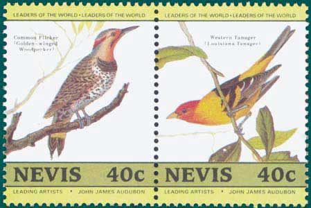Nevis (1985) SG # 287 & 288, Sc # 411 & 412, Northern Flicker (Colaptes auratus) & Western Tanager (Piranga ludoviciana)