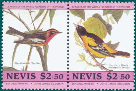 Nevis (1985) SG # 291 & 292, Sc # 421 & 422, Blackburnian Warbler (Dendroica fusca) & Northern Oriole (Icterus galbula)