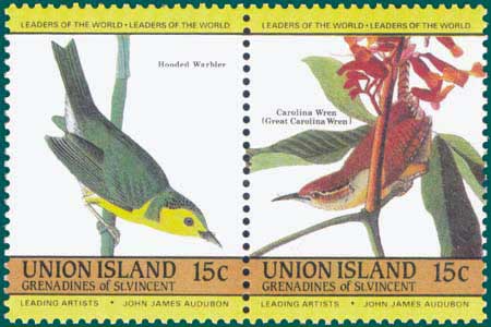 St Vincent Union Islands (1985) Sc # 186  & 187, Hooded Warbler (Wilsonia citrina) & Carolina Wren (Thryoythorus ludovicianus)
