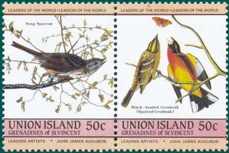 St Vincent Union Islands (1985) Sc #188  & 189, Song Sparrow (Melospiza melodia ) & Black-headed Grosbeak (Pheucticus melanocephalus)