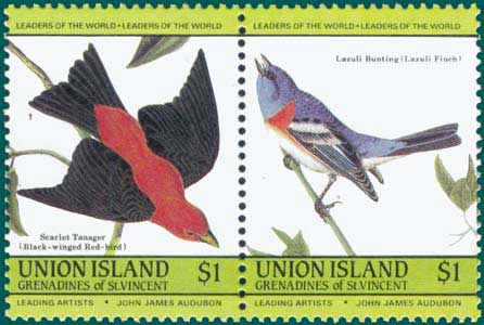 St Vincent Union Islands (1985) Sc # 190 & 191, Scarlet Tanager (Piranga olivacea) & Lazuli Bunting (Passerina amoena)