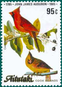 Aitutaki (1985), SG # 521, Sc # 371, Northern Cardinal (Cardinalis cardinalis), Audubon Plate-395