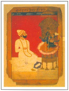Pahadi Paintings - Raja Inderdev of Bandralta worshipping Vishnu and Lakshmi, circa 1750 A.D., National Museum, New Delhi